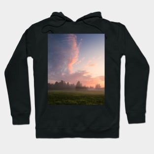 Misty meadow sunrise landscape Hoodie